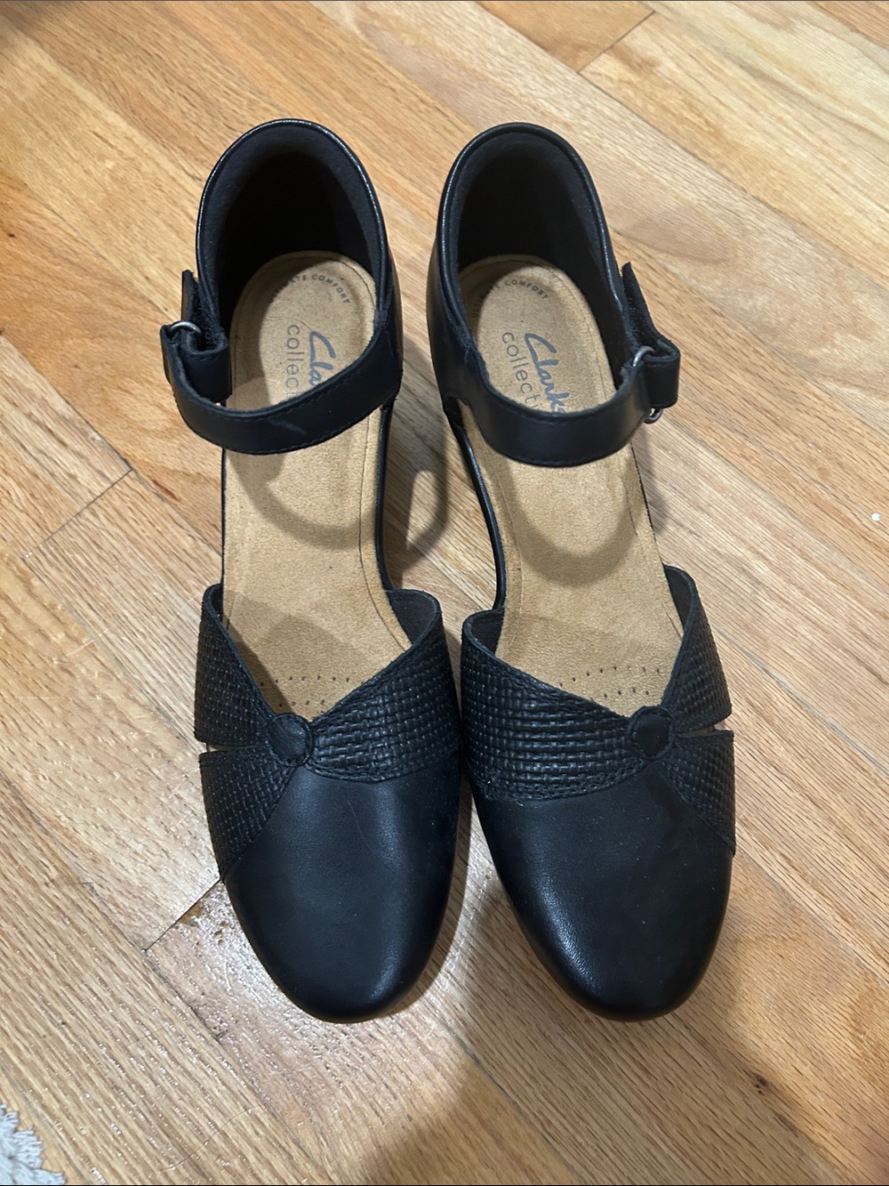 Clarks Black Leather Mary Jane Mules with Textured Strap